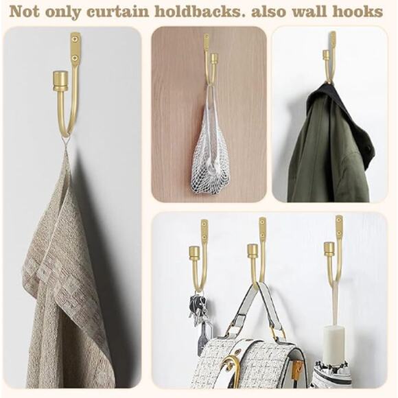 Gold Curtain Holdbacks, Tiebacks, Wall Mounted Curtain/Drape Hooks 2 Pack - Picture 4 of 6